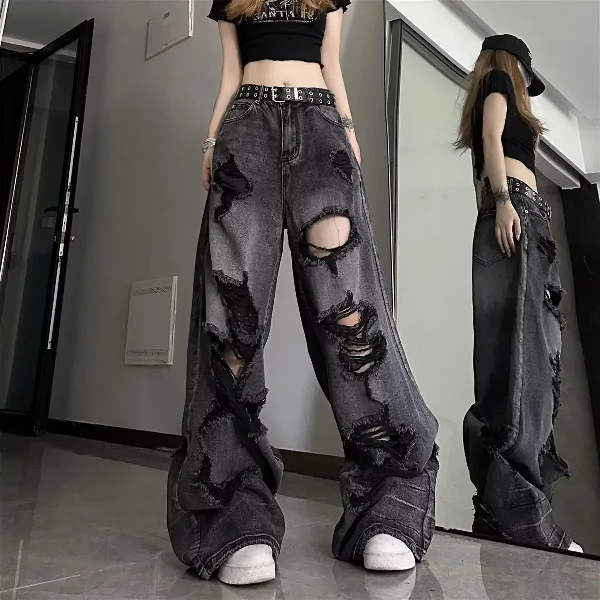 Unique Cool Ripped Jeans Women's Summer Distressed American Style Bell Bottoms Loose Fit Versatile Straight Leg Long Pants