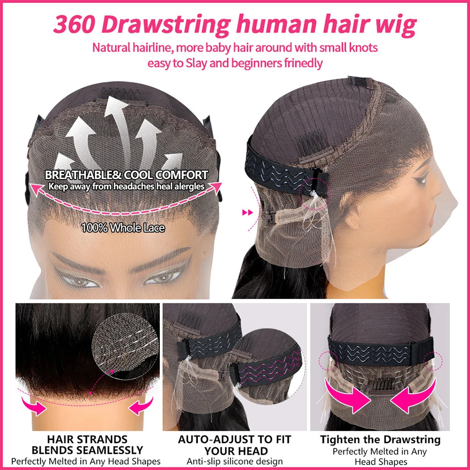 Straight 250 Density Real Full Lace Human Hair Wig Brazilian Pre Plucked 360 HD Full Lace Invisible Strap Snug Fit Wig For Women