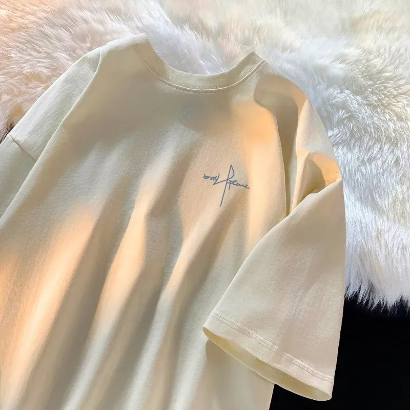 Japanese Minimalist Letter Print M-8XL Large Size Men's Casual Breathable T-shirt Summer Short Sleeved Shirt