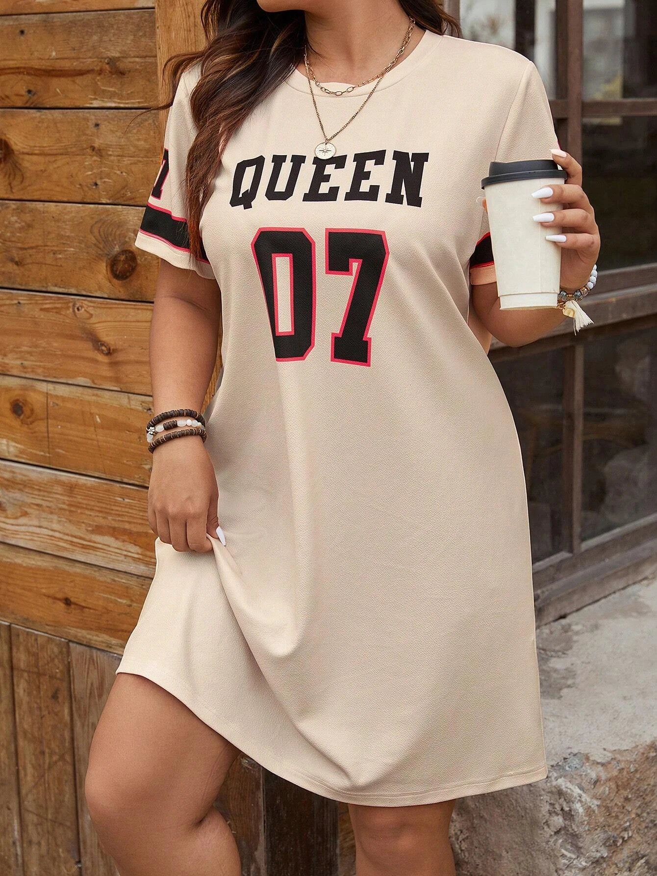 Plus Size Women's Summer Music Festival Pattern Sporty Casual Letter Print Fashionable 07 Printed Jersey Tenniscore Dress