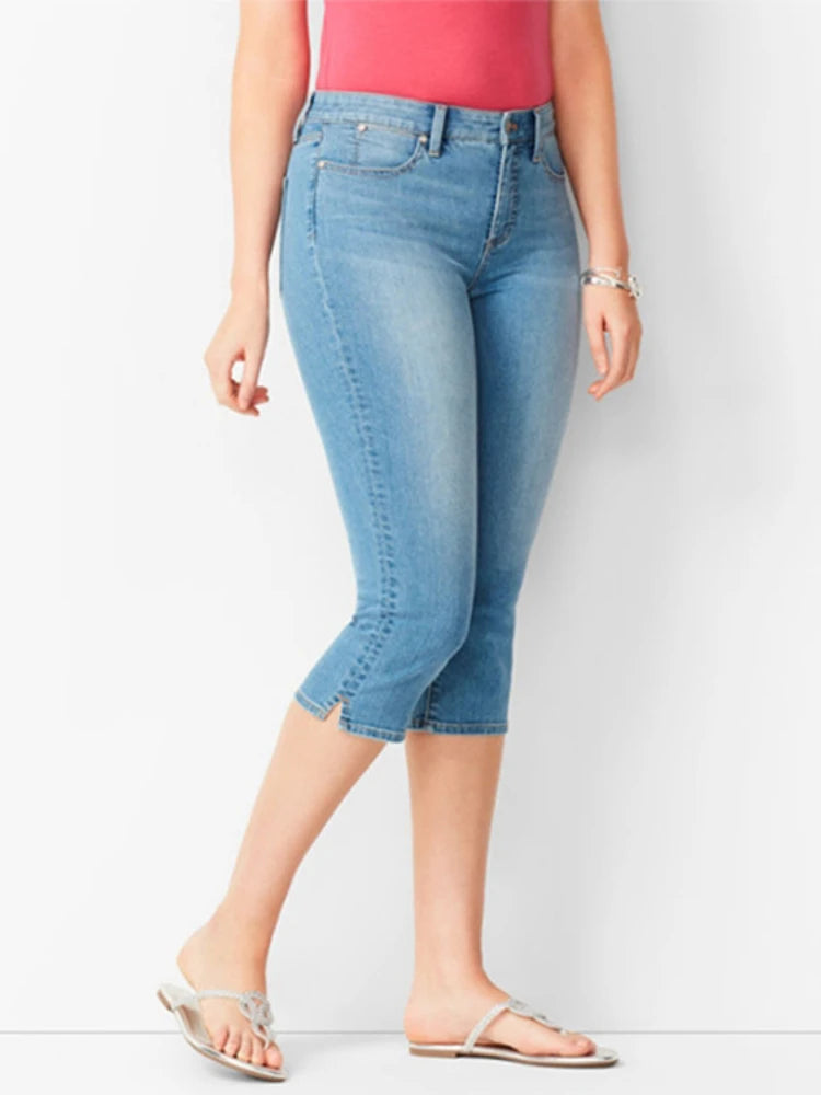 Woman's Jeans Black Denim Pants Ladies Cropped Trousers Skinny Knee Length Jeans Women Elastic High Waist Mom Jeans Oversize