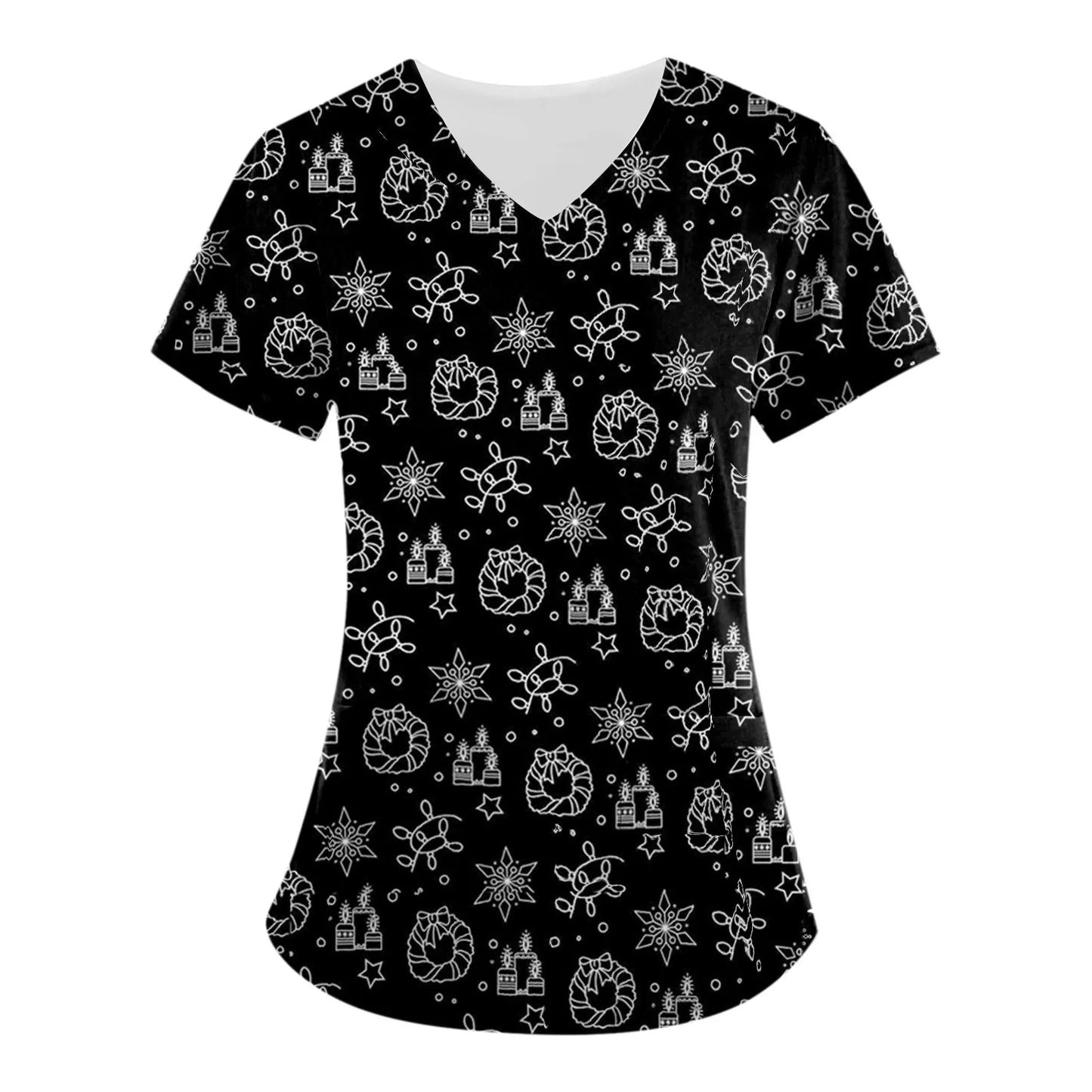 Christmas Clinical Uniform Woman Cartoon Print Uniforms Casual V-Neck Nurse Uniform Woman Tops With Pocket Scrub Tops