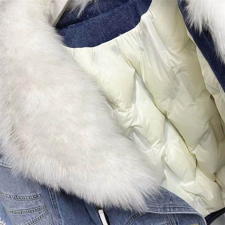 Womens Coats Spring New 100%Natural Real Fox Fur Collar Fashion Short Denim Jacket Luxury Goose Down Puffer Jackets Clothing