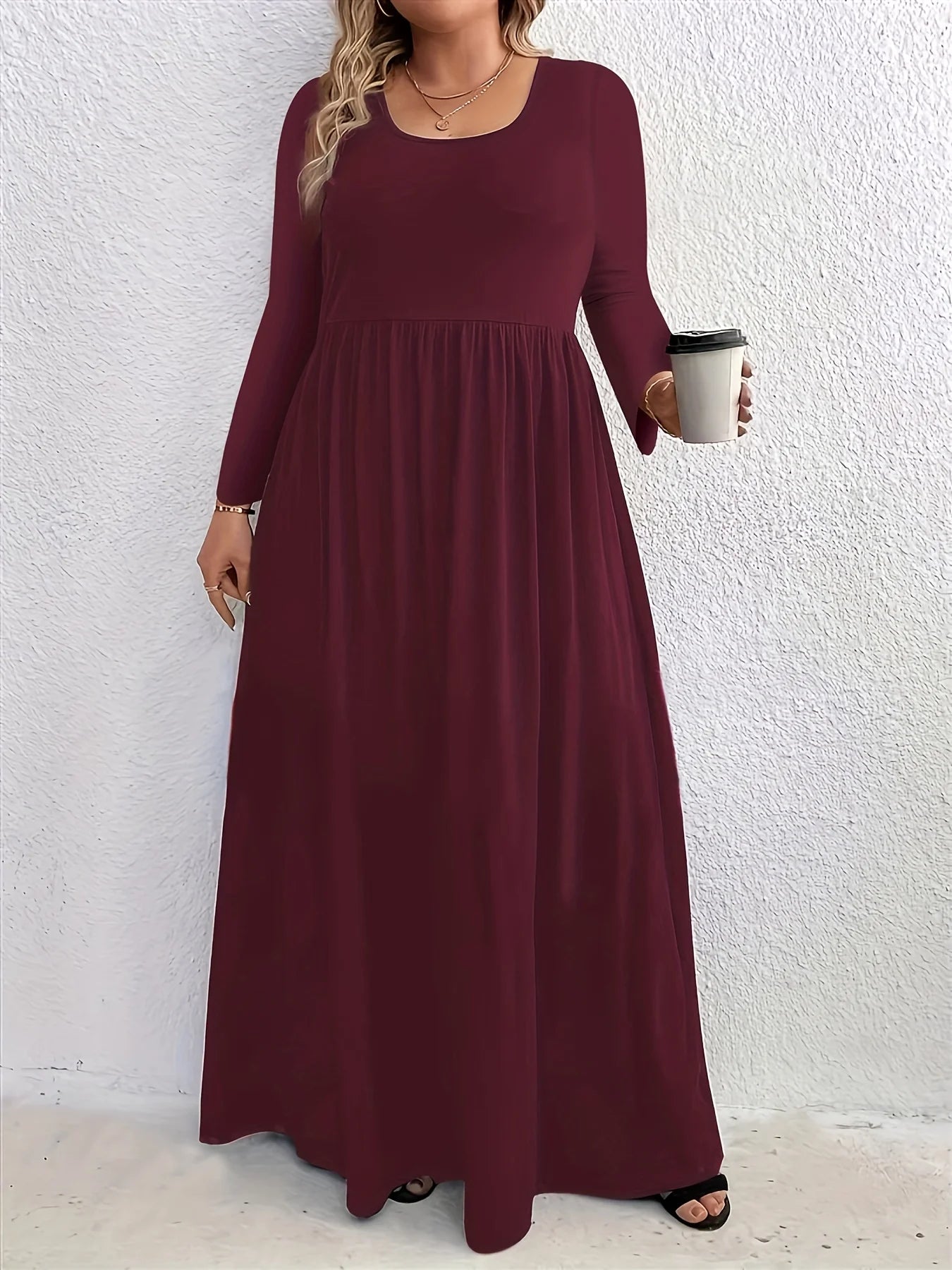 Plus Size Europe and the United States Fall and Winter Fashion Casual Solid Color Crew Neck Long Sleeve Dress