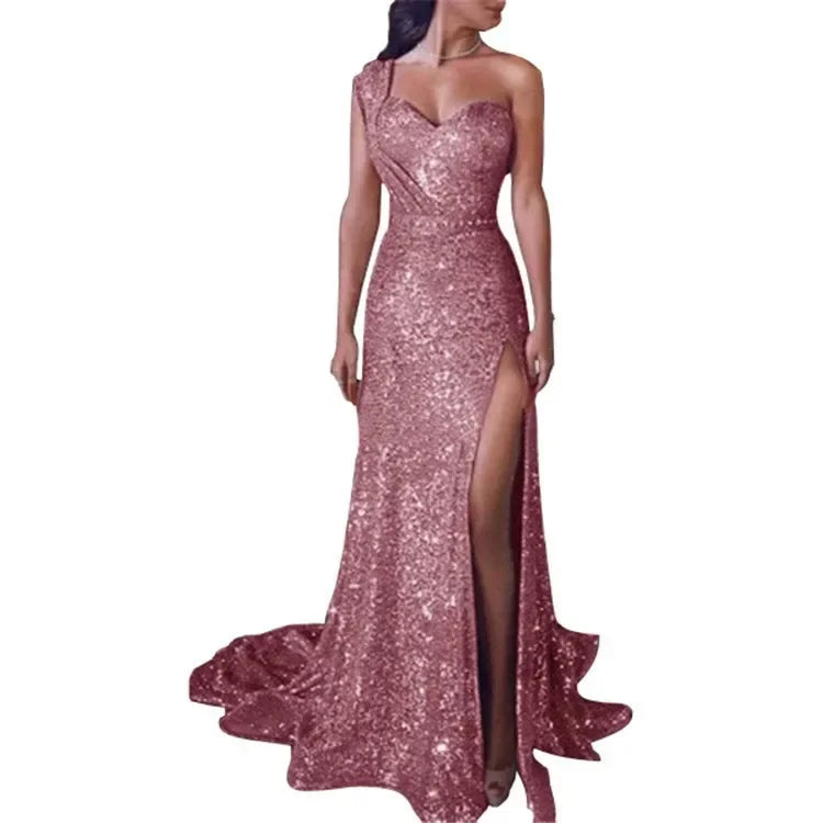 2025 Women's Wedding Party Dress Evening Elegant Sexy Deep V Neck One Shoulder Sleeveless Sequined Long Maxi Dresses For Women