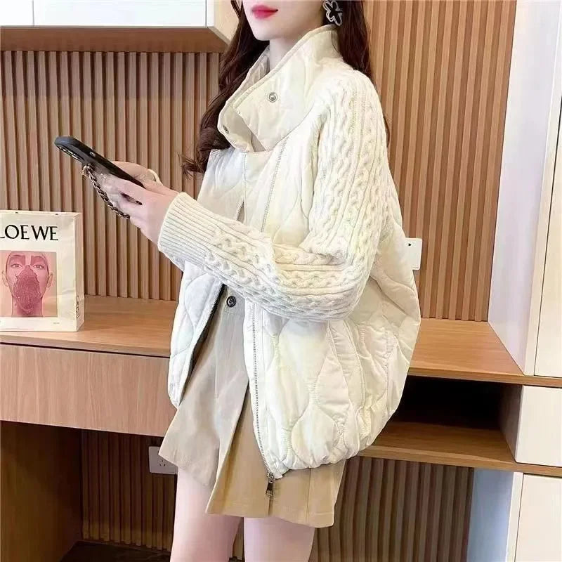 Stand Collar Sweater Sleeve Splicing Down Cotton Jacket Women Autumn Winter Warm Down Cotton Parkas 2025 New Female Fashion Coat