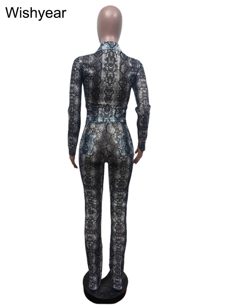 Sexy Night Club Snake Pattern 2 Pieces Women Set Full Sleeve Crop Tops and Pants Clubwear Skinny Midnight Party Outfits Y2K