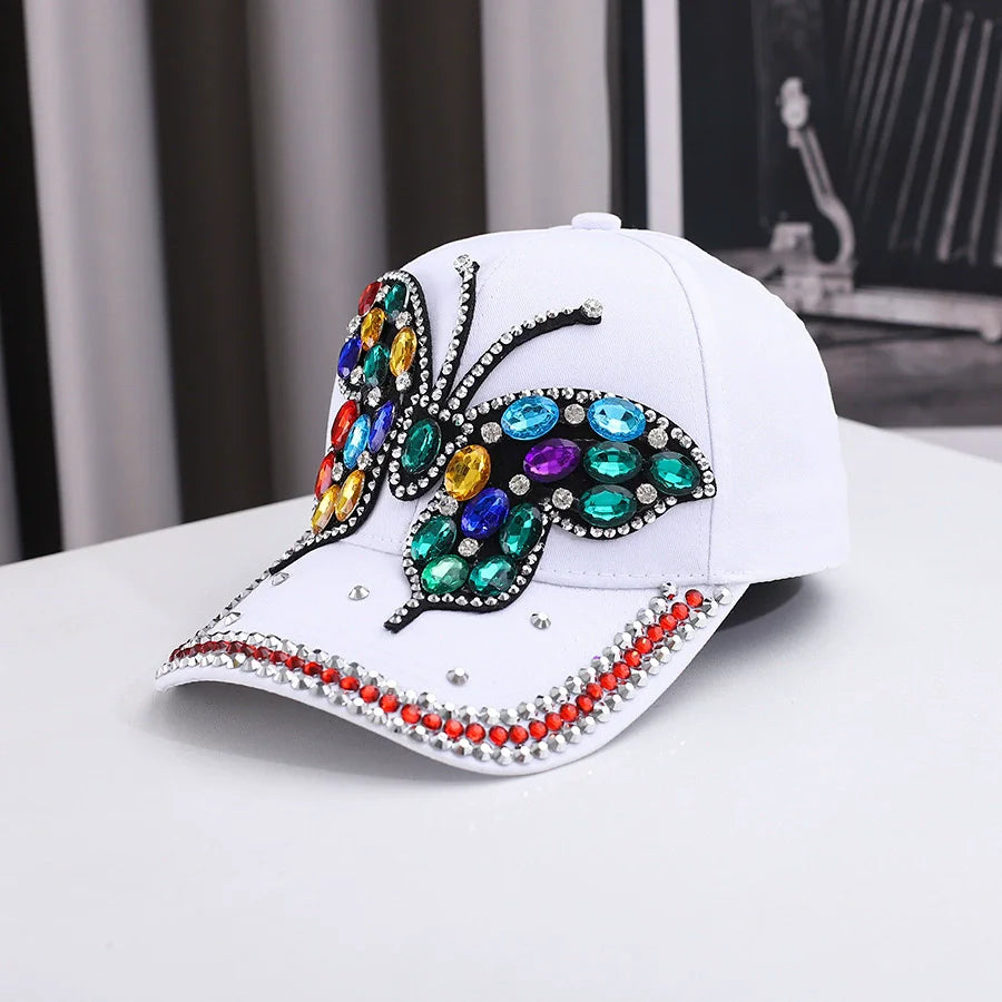 Fashionable And Versatile Outdoor Casual Baseball Cap With Colorful Diamond Inlay, Trendy Butterfly, Middle-Aged Duckbill Cap