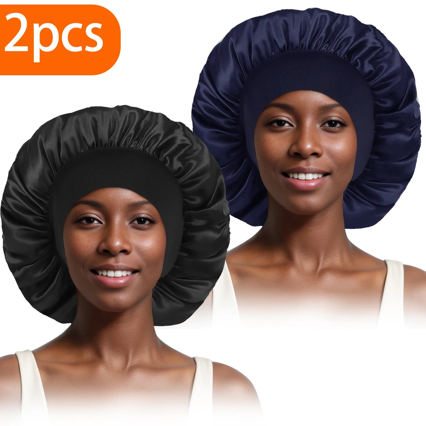 2pcs Women's Fashion Bonnet Large Wide Edge Elastic Hat Casual Silk Smooth Tint Suitable for Curled Straight Hair Sleeping Hat