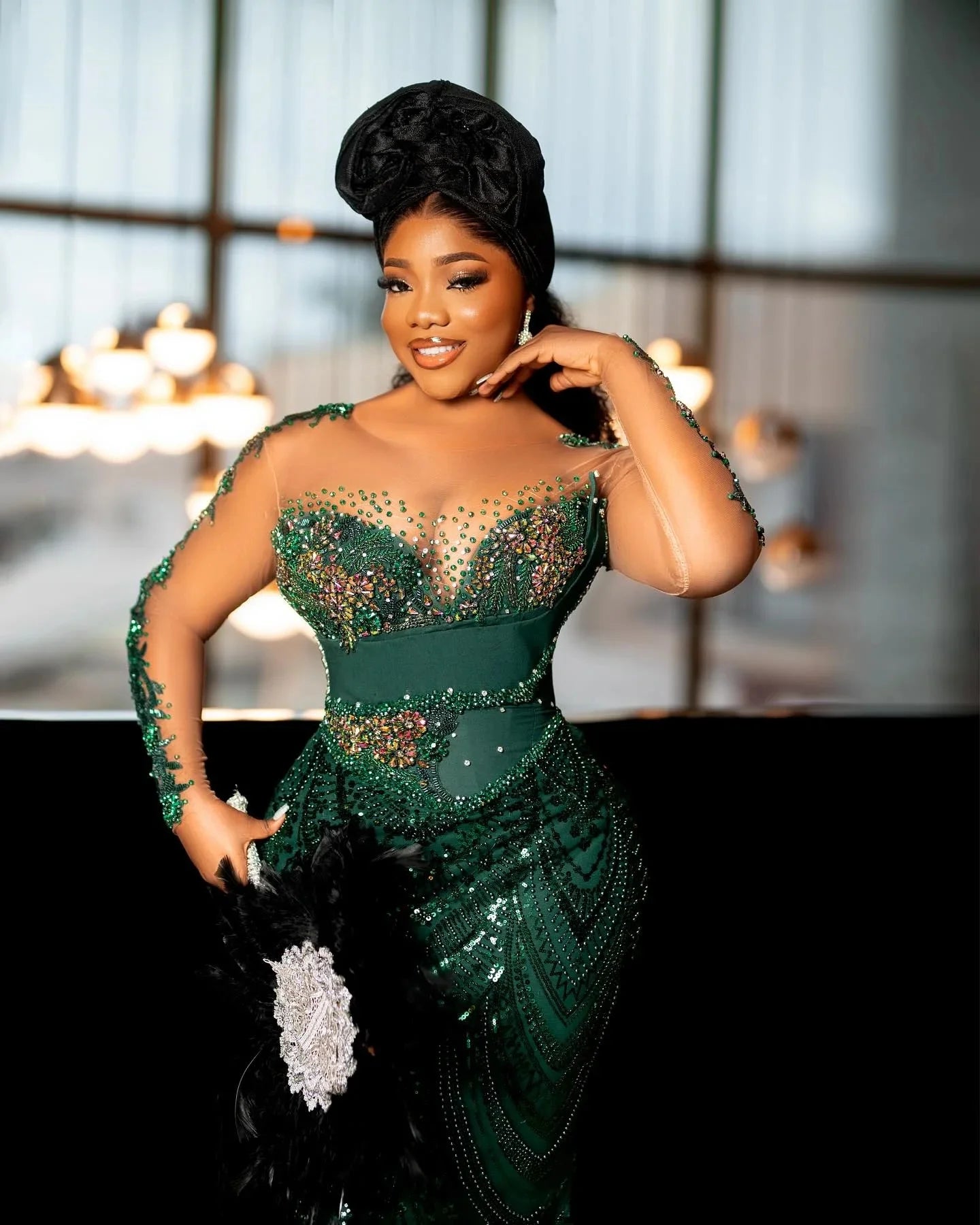 Sheer Neck Long Sleeves Mermaid Evening Gowns African Women So Ebi Party Dress Formal Wear Dark Green Sparkly Lace Prom Dresses