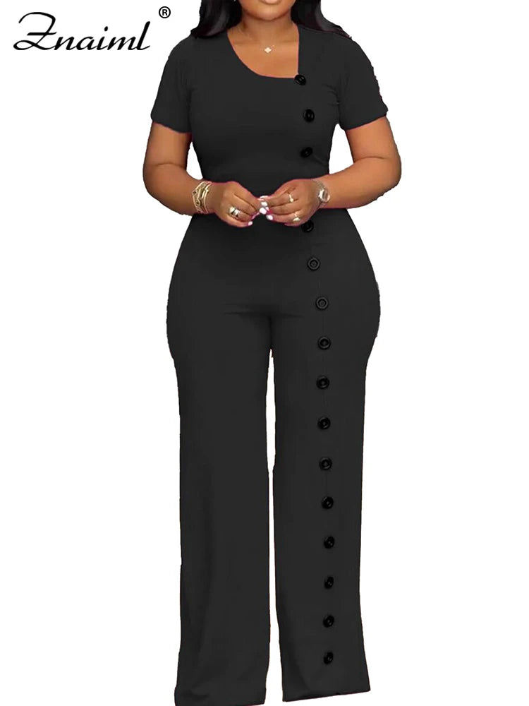 Znaiml Women Elegant Long Jumpsuits for Party Summer Short Sleeve Buttons Solid Color Wide Leg Pants Rompers One Pieces Overalls