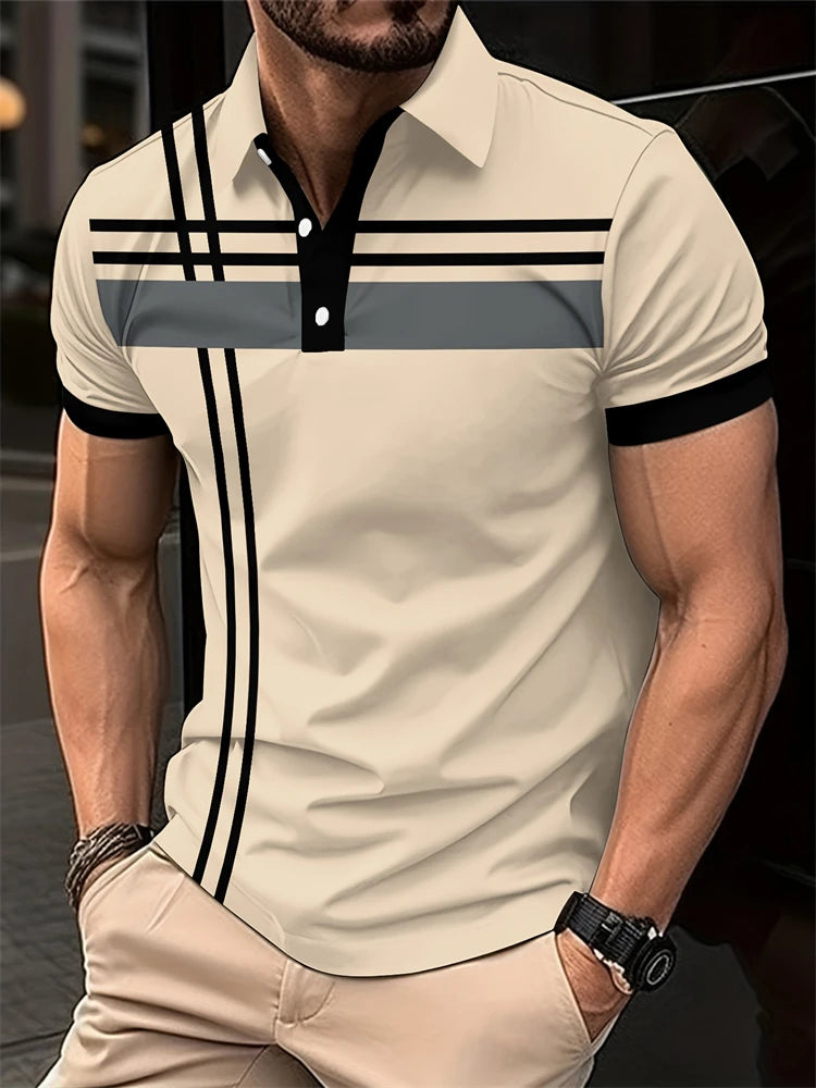 Summer Men's 3D Striped Polo Shirt Oversized Short Sleeve T Shirt Breathable Men's Clothing Casual Sports Street Mens Polo Shirt
