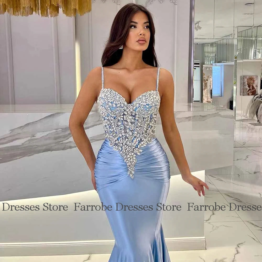 Dubai Luxury Prom Dresses Satin Mermaid/Trumpet Celebrity Dress Rose Pink Sweetheart Rhinestones Pleat Ruched Party Dress Long