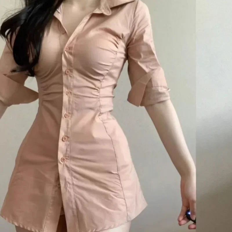 Slimming Smoothing Sexy Shirt Dress For Women Niche Design Sensibility Waist-fitted Medium-length Dress By Gao Qi Gao Jie