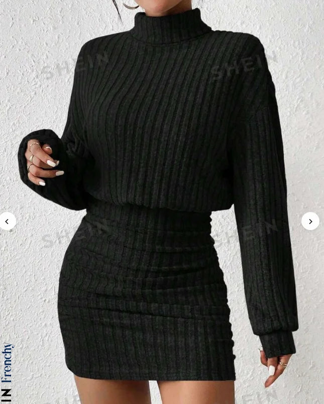 Women's Autumn Winter Fashion High Neck Knitted Sweater Dress Female Casual Solid Loose Long Sleeve Warm Mid Length Dresses