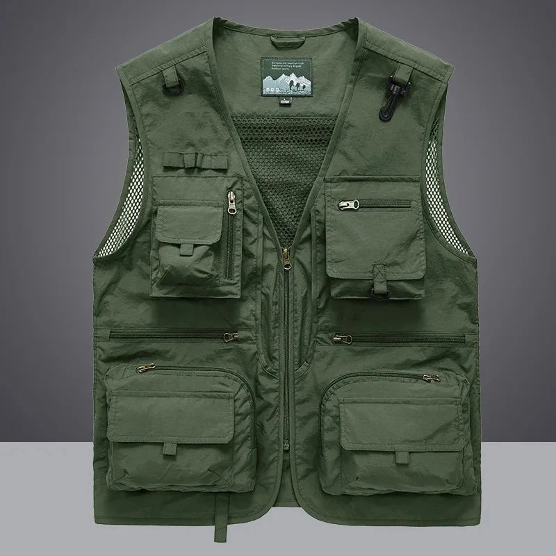 2025 New Men's Vest Tactical Webbed Gear Coat Summer Photographer Waistcoat Tool Many Pocket Mesh Work Sleeveless Jacket Male