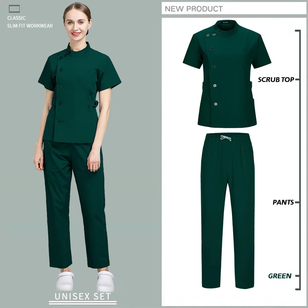 Button Closure and waist retraction Scrub Set Medical Uniforms Nurse Clothes Women Round Neck Surgical Workwear Pair Dental Suit