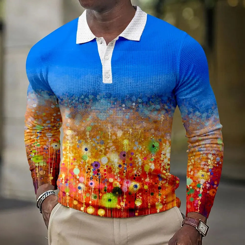 2025 Fashion Men's Stripe Gradient Long Sleeve Polo Shirt Breathable Casual Tops Slim Fit Quick Drying Classic Collar Polo Shirt