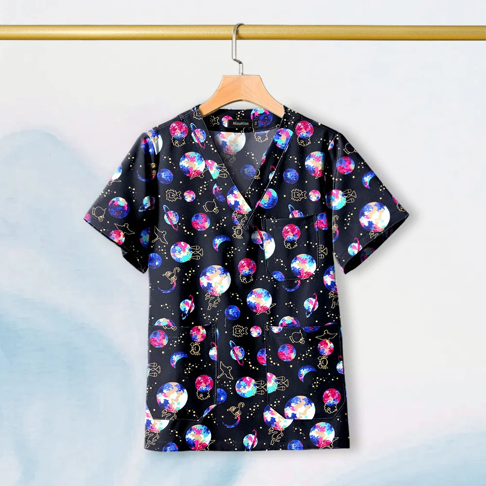 Hot Sales V-Neck Printed Scrub Tops for Women Men Nurse Uniform 100% Cotton Breathable Scrubs Uniforms Medical Blouses Wholesale
