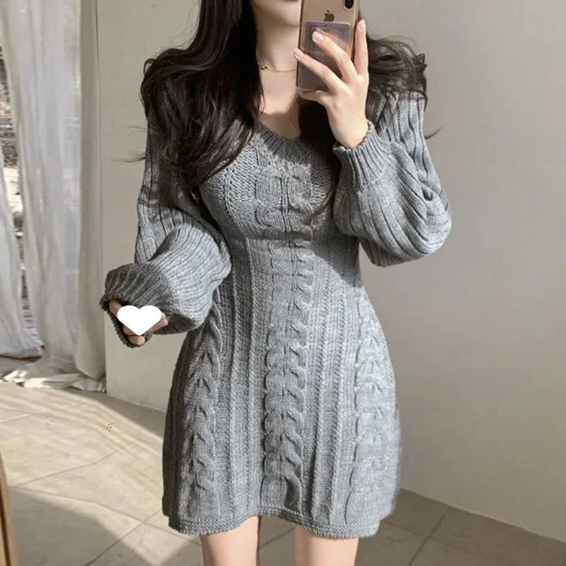 Korean Chic Autumn Gentle V-neck Linen Pattern Design Slimming Long Sleeve A- line Knitted Dress High Collar Ankle-length Dress