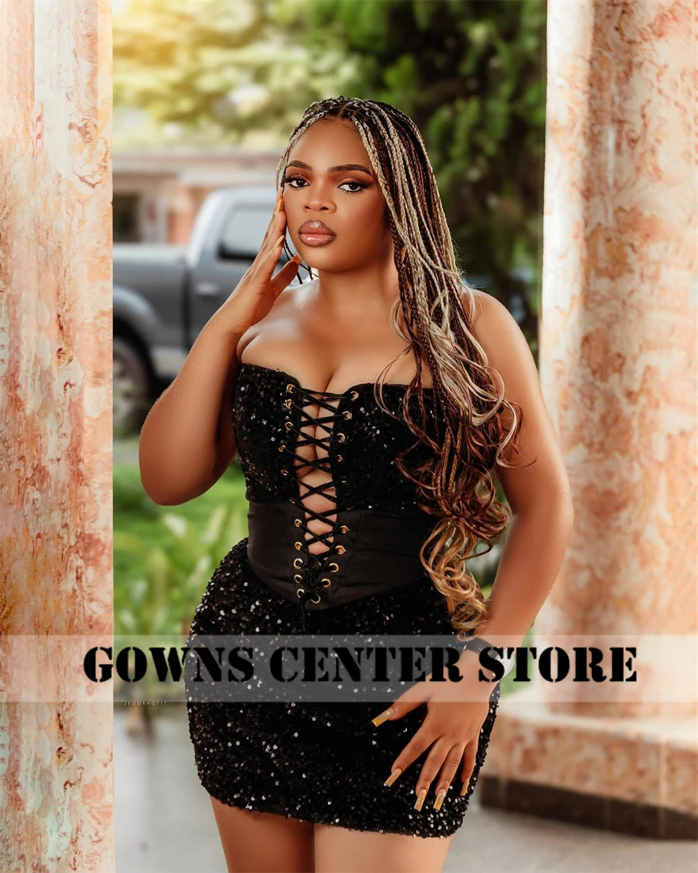 Sexy Black Sequin Short Aso Ebi Prom Dress Lace-up Strapless African Mini Cocktail Gown 2025 Birthday Luxury Dress Customized