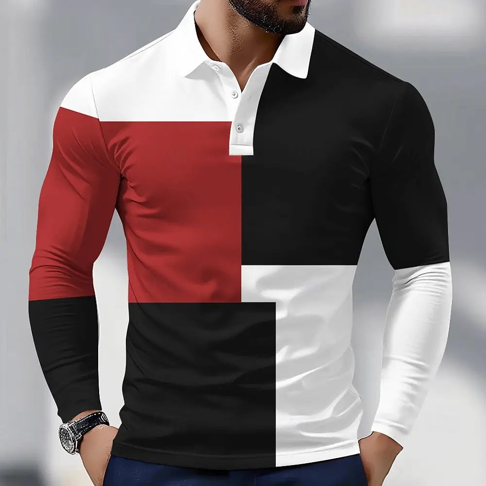 Men's Plaid Splicing Long Sleeve Polo Shirt Lapel Sports Leisure Outdoor Office Daily Wear Button Spring Autumn Winter