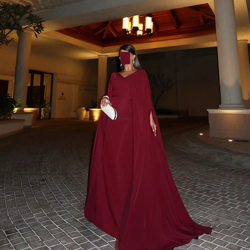 Customized Straight Mermaid Prom Dresses Floor-Length V-Neck Full Sleeve Evening Gown Simple Draped Fashion Backless Party Gown