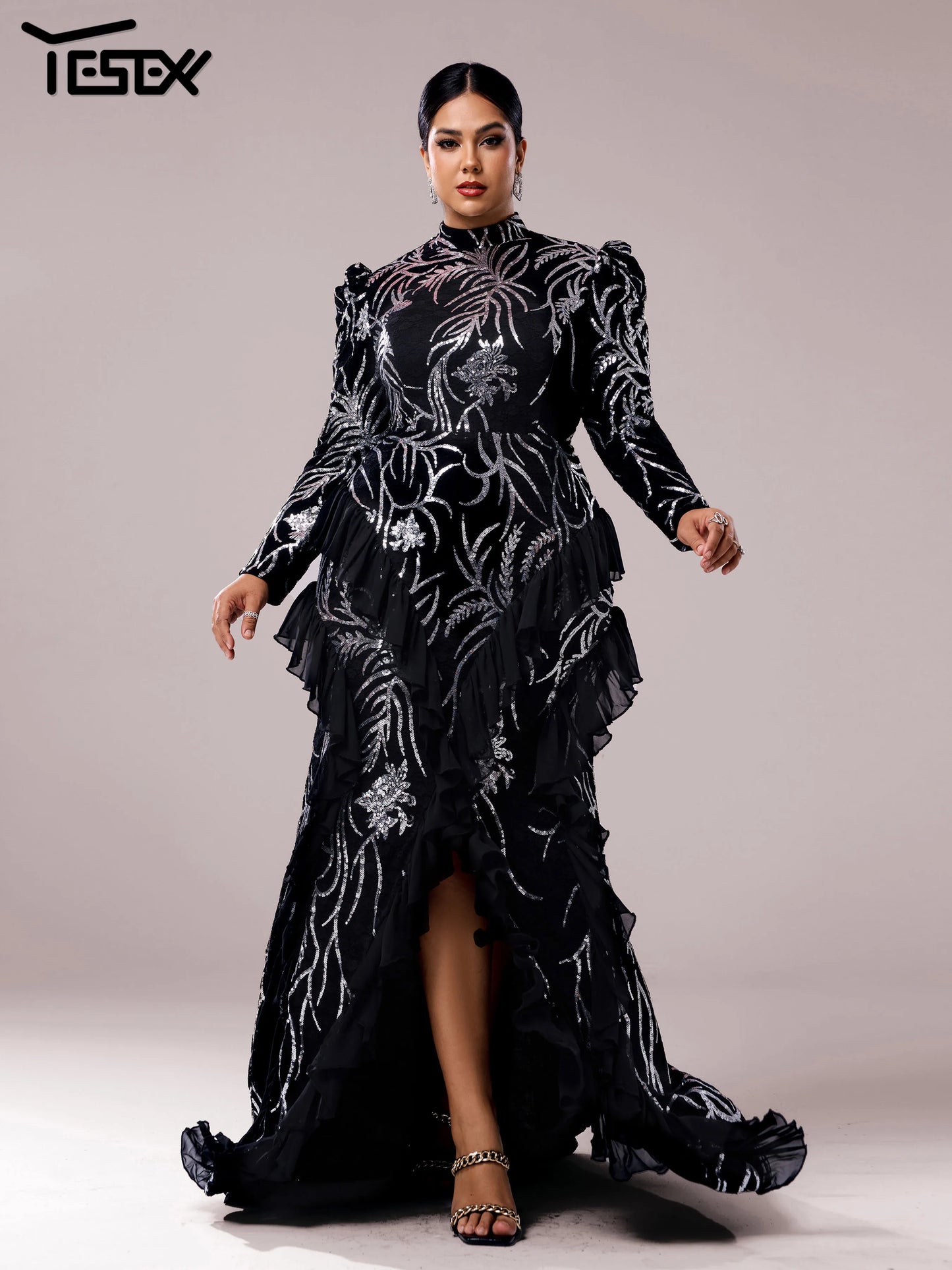 Yesexy Plus Size Elegant Beautiful Women Round Neck Long Sleeved Split Evening Gown Wedding Birthday Party Formal Occasion Dress