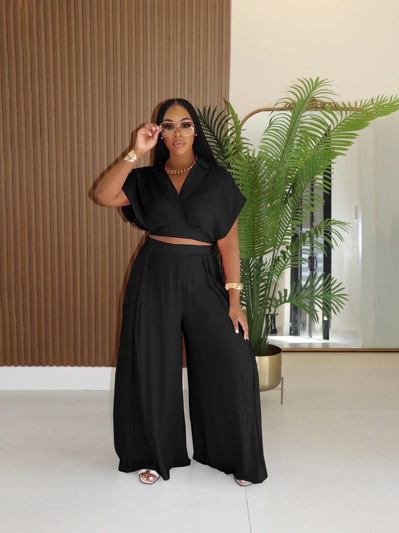 Fashion Summer Women's Set Turn Down Collar Blouse Top and Wide Leg Pants Suit 2025 Two 2 Piece Sets Outfit Tracksuit