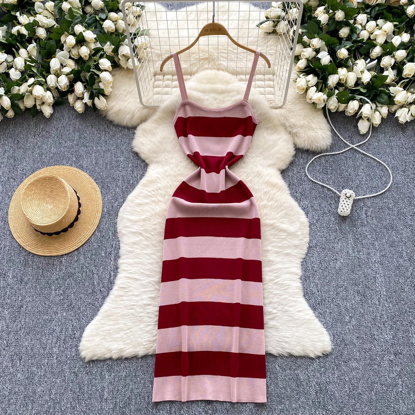 Lady New Stripes Ins Fashion Sexy Package Hips Bodycon Dress Summer Knitted Spaghetti Straps Outfits Maxi Long Women Dress