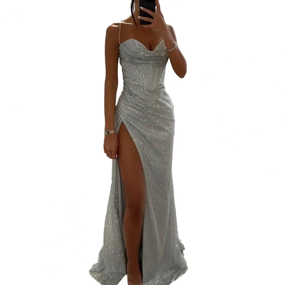 Women Evening Dress Spaghetti Strap Shiny Sequin Off Shoulder Sleeveless Low-cut High Split Loose Floor Length Women Prom Dress