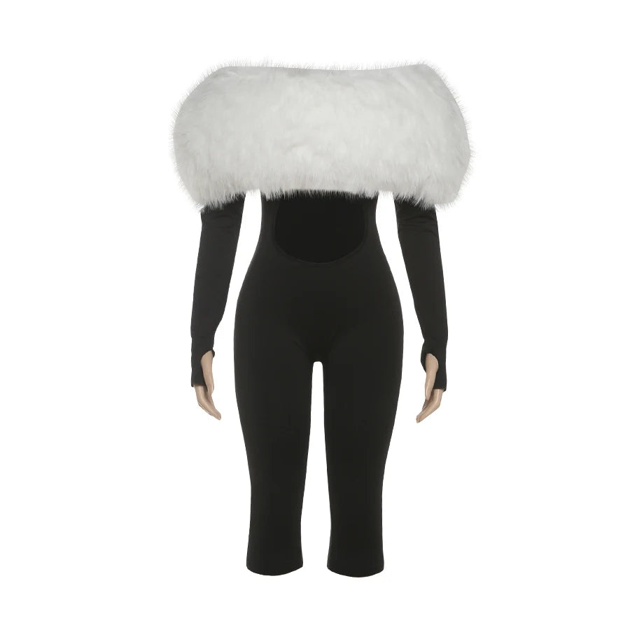 Nibber Furry Patchwork Jumpsuit Woman Slash Neck Sexy Hollow Full Sleeve Backless Slim Peach Hip Hottie Street Fashion Overalls