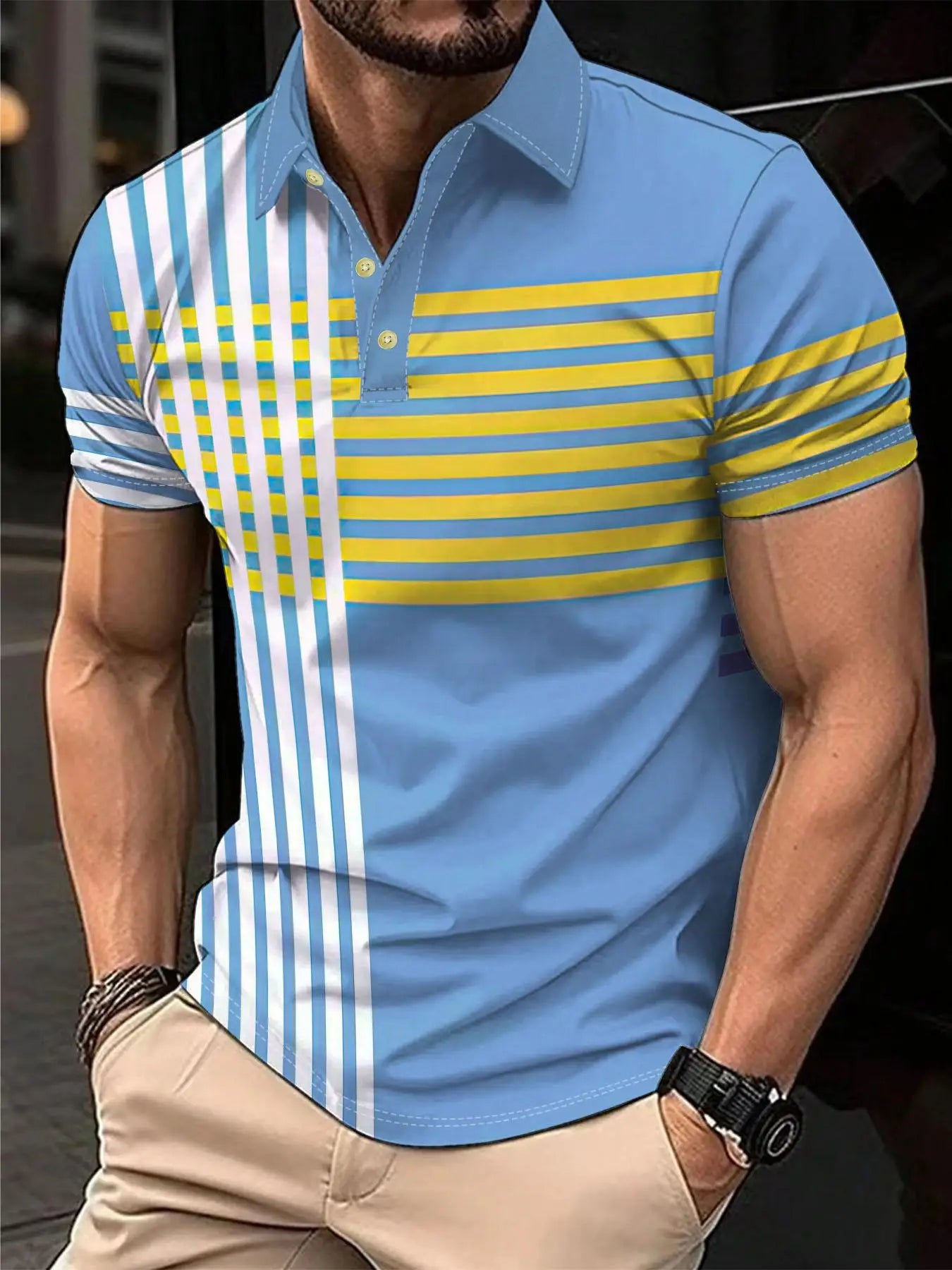 Men's Polo Shirt Summer Outdoor Casual Round Neck Short Sleeve Top Striped Printed Style OverSize T-shirt Loose Men's Clothing