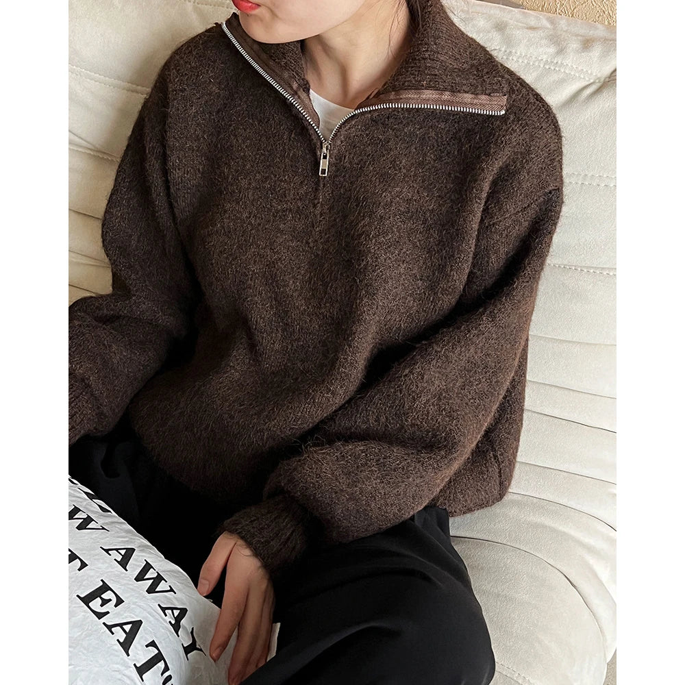 2026 Women Turn Down Collar Sweater Long Sleeve Zipper Design Warm Cardigans Clothes Tops For Women Winter Sweater Pull Femme