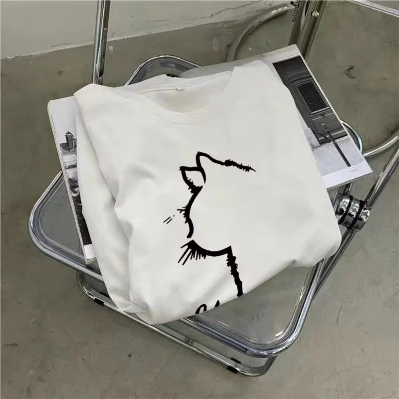 Summer New Loose Dress Women Casual Fashion Cartoon Simple Cat Print Round Neck Short-sleeved Dress