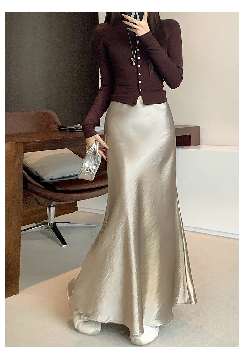 High Waist Elegant Satin Women's Mermaid Long Skirts 2026 New Autumn Solid Slim Korean A-line Wrap Fishtail Skirts Female