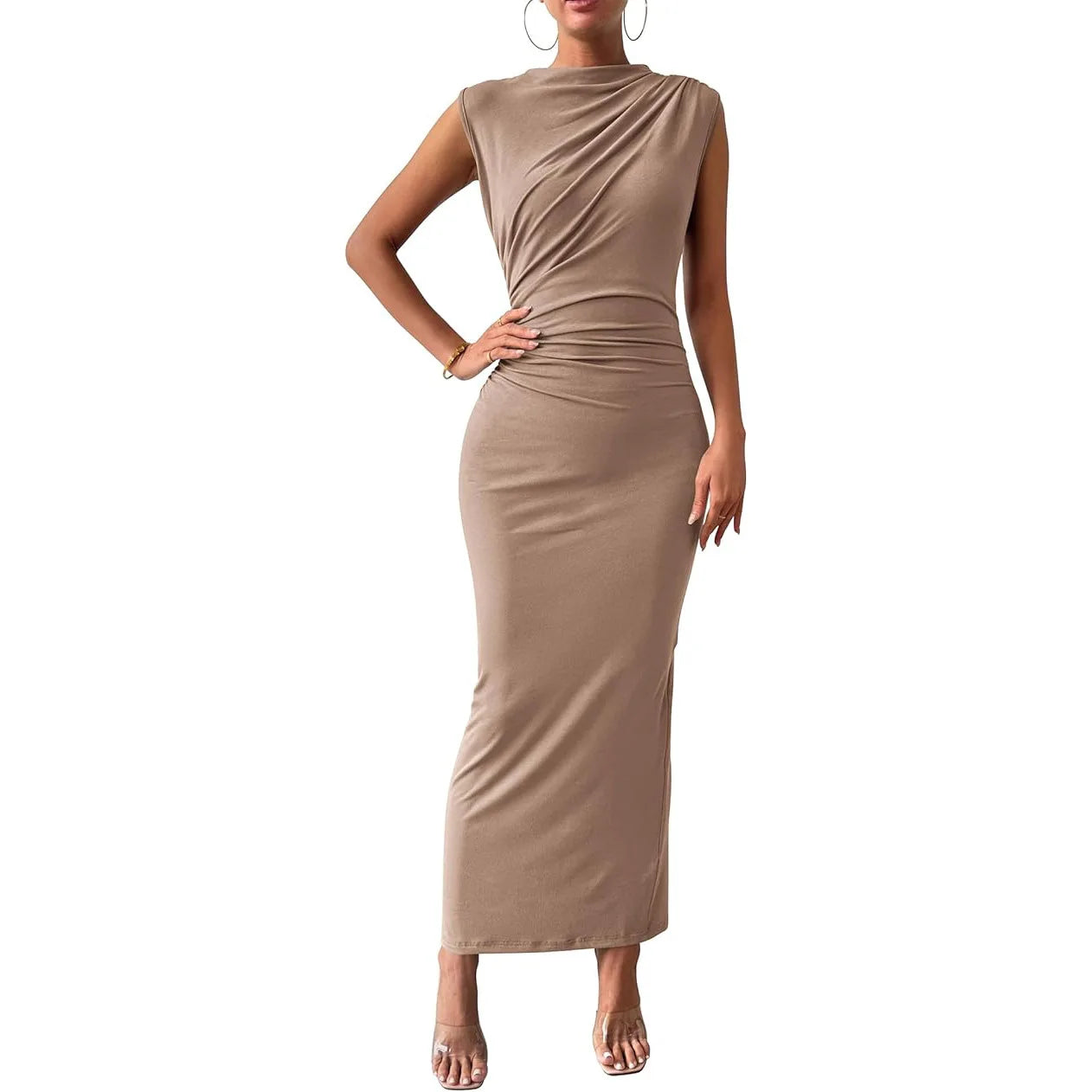 Women Plus Size Elegant Ruched Bodycon Dress Euro Sexy Sleeveless Layering Stretchy Coat Inner Party Outfit Fashion Basic Dress
