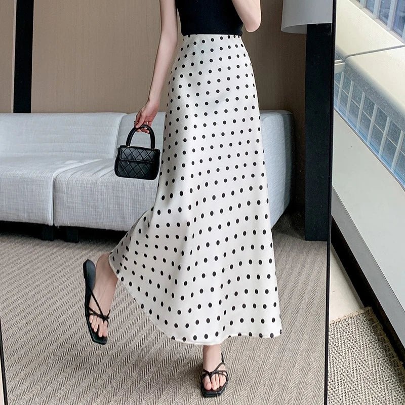Seoulish High Waist Elegant Dots Printed Satin Women's Long Fishtail Skirts New Loose Office Mermaid A-line Skirts Female
