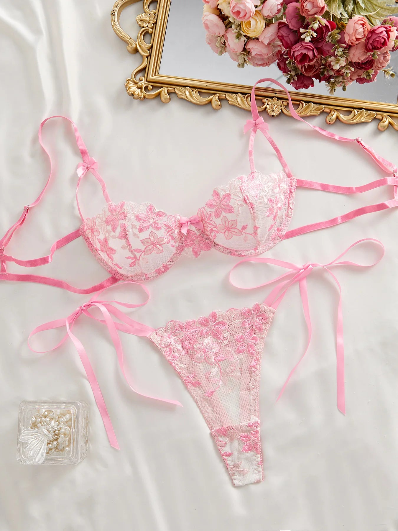 Floral Embroidery Transparent Mesh Bra Brief Sets Ultra Thin Straps Flowers Lace Sexy Lingerie Half Cup Woman Underwear 2025