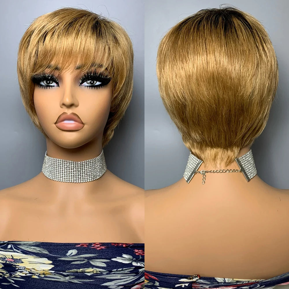 Short Pixie Cut Human Hair Wigs Brazilian Human Hair Wigs Full Machine Made Short Straight Wigs For Women T2/27B# None Lace Wigs