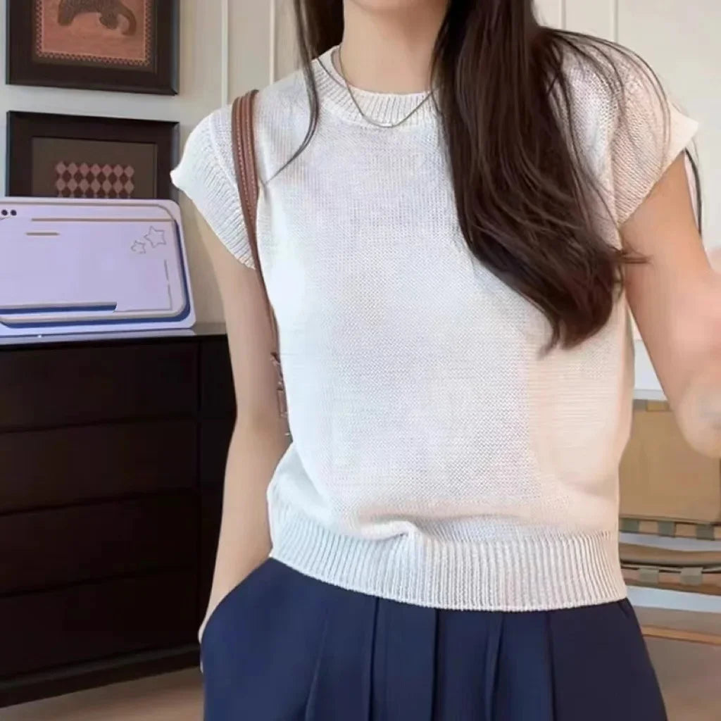 Korean Style Ice Silk Knitted Short Sleeve T-Shirt Women Summer Slim Fit Short Fashionable Top Crew Neck Solid Color