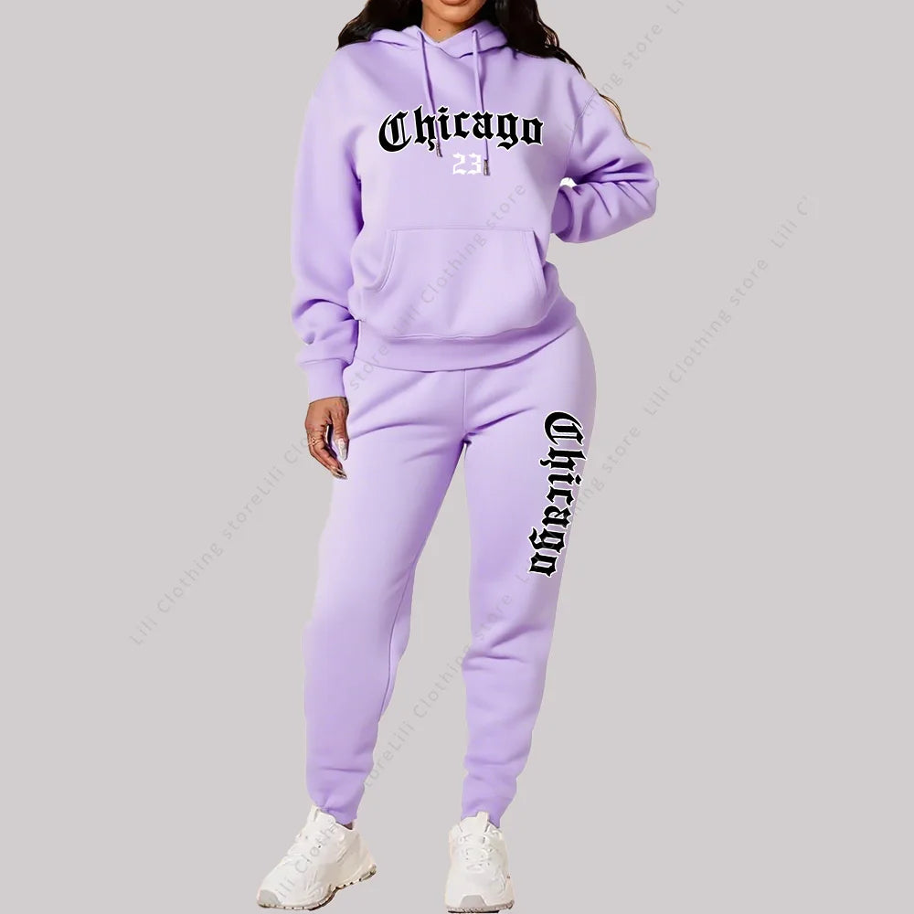 Women's Sets Hoodies Pants 2 Piece Outfits Aesthetic Sportswear Sweatsuit Chicago Graphic Letter Print Plus Size Pink Tracksuit