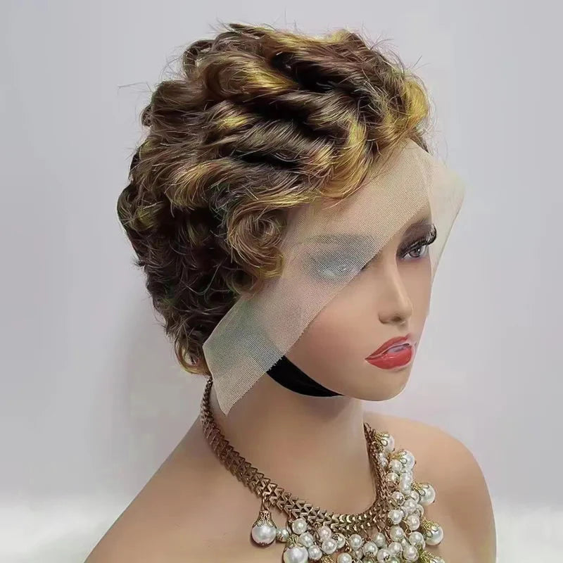 Pixie Curly 100% Human Hair Wig 13x4 Short Bob Wig Pixie Cut #350 Colored 99J Lace Frontal Human Hair Wigs for Black Women