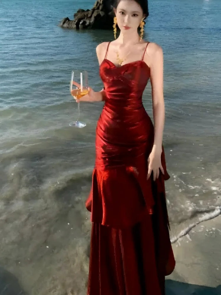 Sexy Solid Spaghetti Strap Sleeveless Evening Dresses Elegant Ruffles Party Long Dress For Women Summer Slim Beach New Vestidos