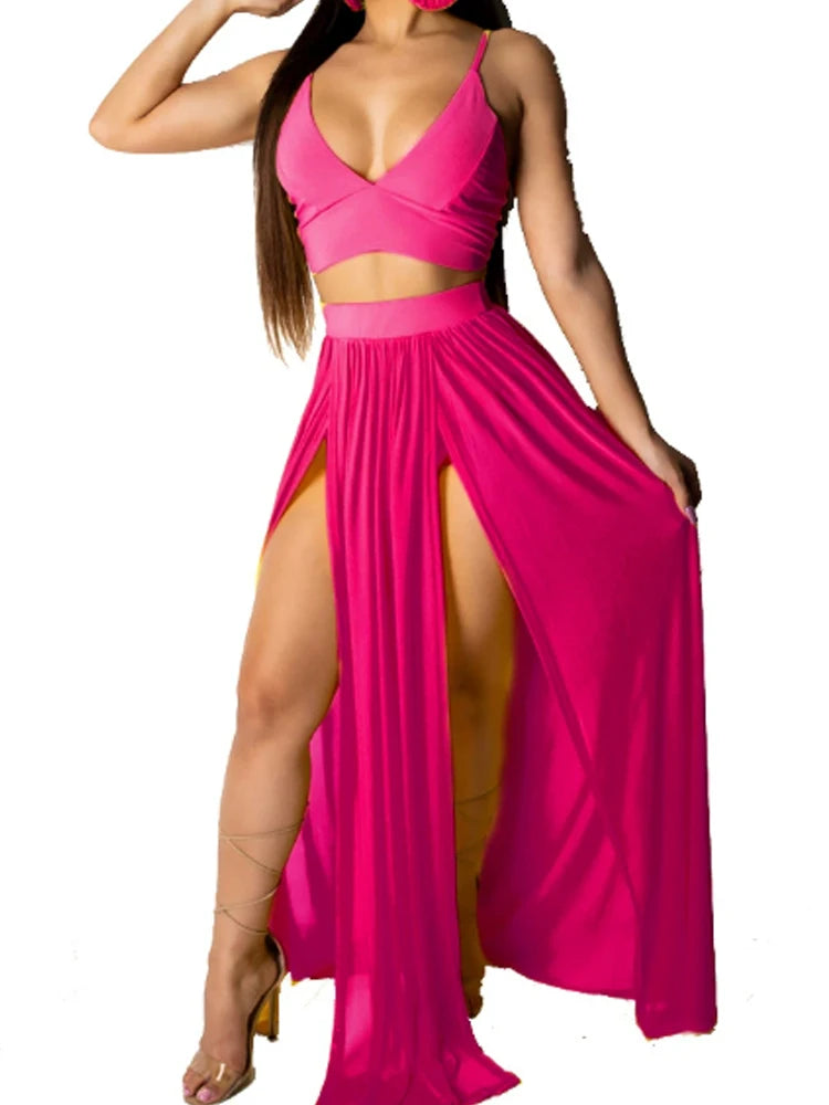Women Sexy Yellow Solid Sleeveless V-Neck Holiday Two-Piece Suit Set Spaghetti Strap Crop Top & Maxi Slit Skirt Sets
