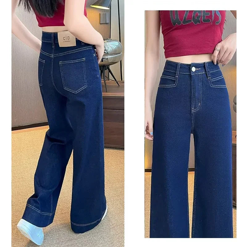 Girls Fashion Korean Straight Casual Jeans Female Baggy High Waist Wide Leg Denim Pants Women Classic Wash Dark-blue Trousers