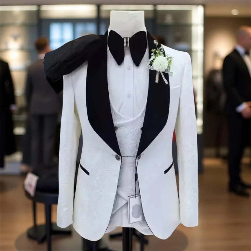 3 Pcs Floral Wedding Suits for Men Slim Fit Shawl Lapel Groom Tuxedo Groomsmen Formal Prom Suit Jacket with Pants Vest 2025