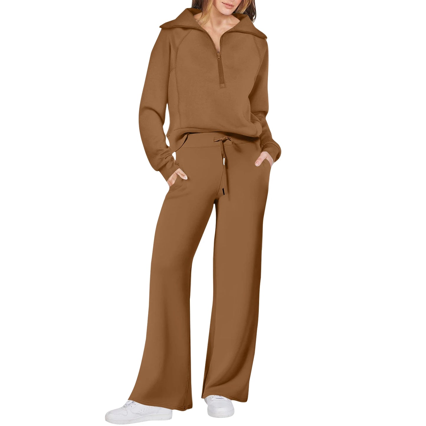 Solid Two-piece set Women Fashion Long Sleeve Zipper Sweater Pullover Tie up Pocket Wide Leg Pant Suit Loose Casual Sport Sets