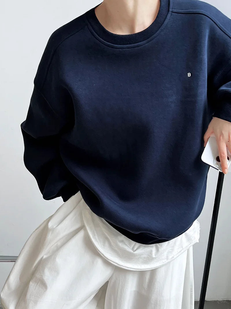 NS Pure Color Lazy Loose BF Hoodie Women's Simple Shape Sweatshirt Long Sleeve Letter Embroidery Top Casual Style Cotton Blend