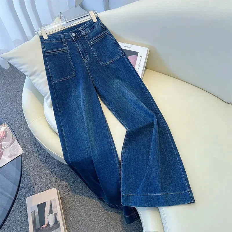 Retro High Waist Bell Bottom Jeans Women's Spring 2025 New Loose Wide Leg Denim Pants Slimming Effect Vintage Style